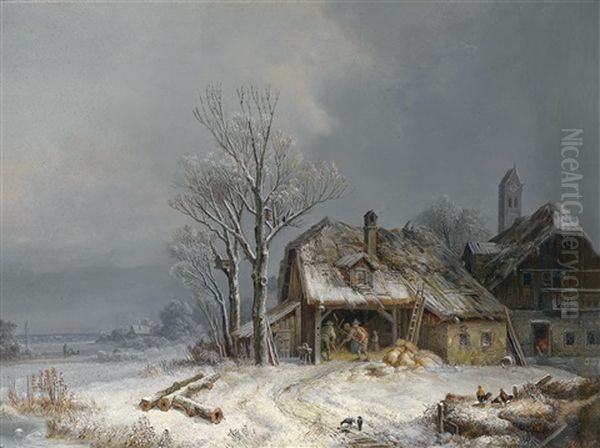 Winterliches Dorf. In Der Scheune Wird Getreide Gedroschen by Heinrich Buerkel