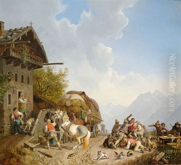 Rauferei Vor Einem Wirtshaus Oil Painting by Heinrich Buerkel