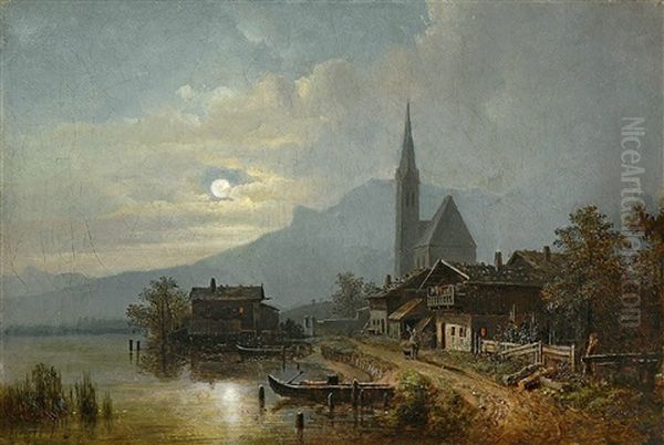 Gebirgsdorf An Einem See Bei Mondschein Oil Painting by Heinrich Buerkel