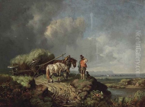 A Landscape With A Fallen Hay Wain Oil Painting by Heinrich Buerkel