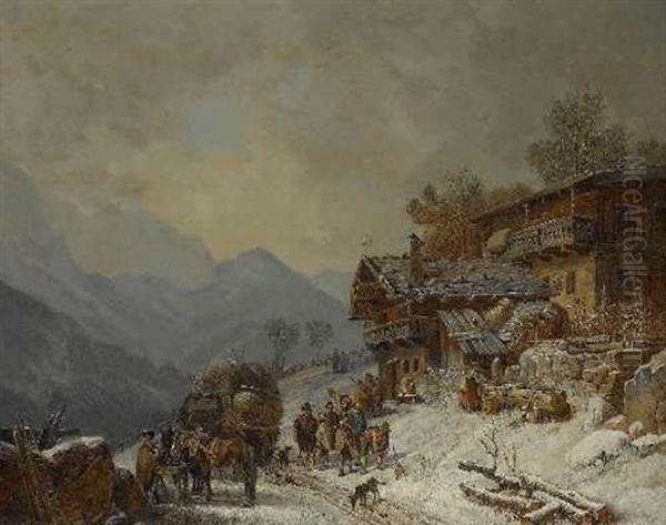 Winterlicher Bauernhof Mit Fuhrwagen Und Einer Gruppe Von Bauern Mit Schneeschaufeln Oil Painting by Heinrich Buerkel