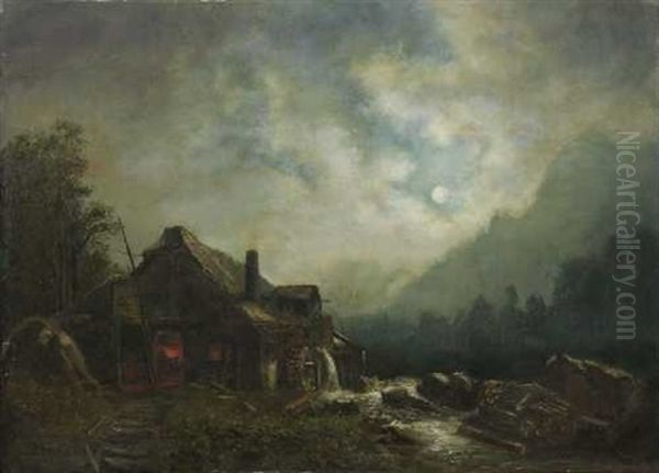 Nachtliche Gebirgslandschaft Mit Schmiede Am Bach Oil Painting by Heinrich Buerkel