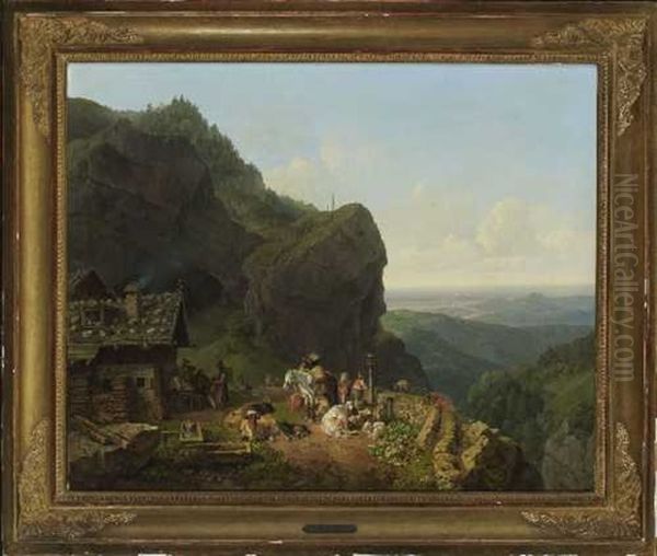 Wirtshaus Auf Der Alm Mit Alpzug Oil Painting by Heinrich Buerkel