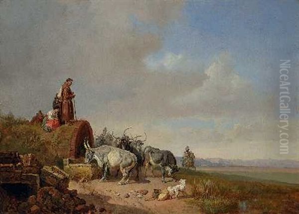 Rinderherde An Einem Brunnen In Der Campagna Oil Painting by Heinrich Buerkel