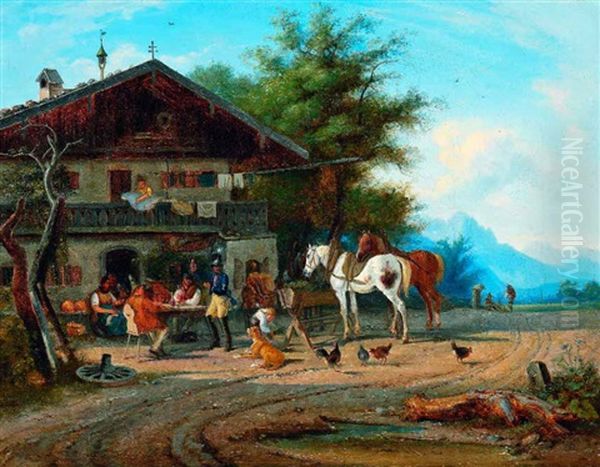 Postreiter In Lustiger Runde Vor Einem Wirtshaus, Daneben Zwei Packpferde Oil Painting by Heinrich Buerkel