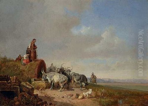 Rinderherde An Einem Brunnen In Der Campagna Oil Painting by Heinrich Buerkel