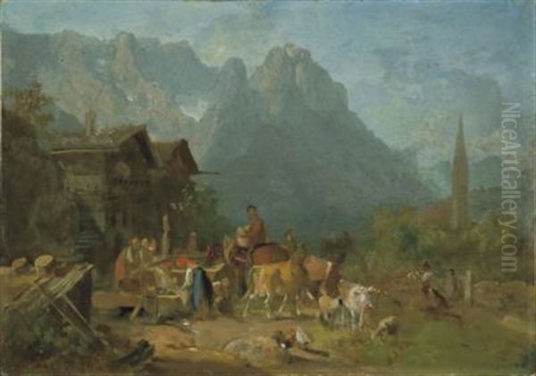 Gebirgsdorf Mit Brunnen Oil Painting by Heinrich Buerkel