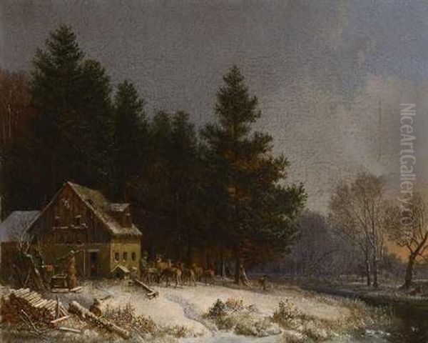 Wildfutterung Im Winter Oil Painting by Heinrich Buerkel