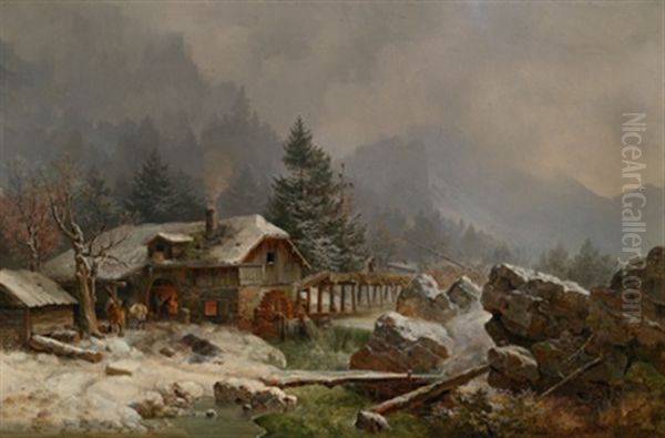 Winterliche Gebirgslandschaft Mit Einer Schmiede Oil Painting by Heinrich Buerkel