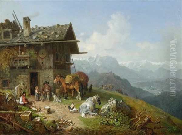 Halte Devant Un Chalet Oil Painting by Heinrich Buerkel