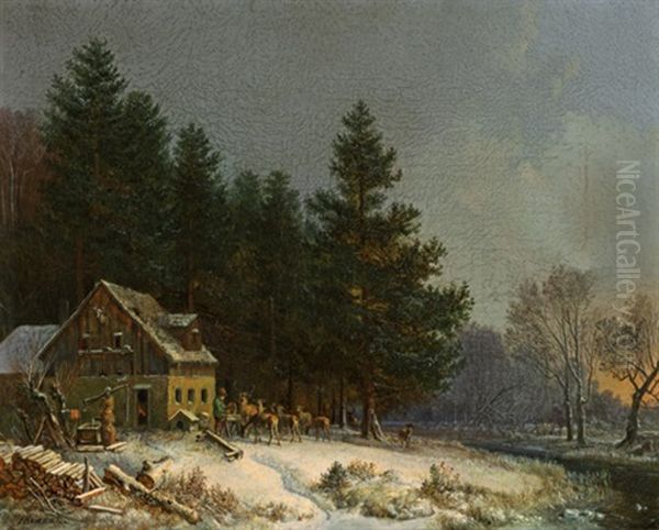 Forsthaus Im Verschneiten Wald, Davor Der Forster Bei Der Wildfutterung Oil Painting by Heinrich Buerkel