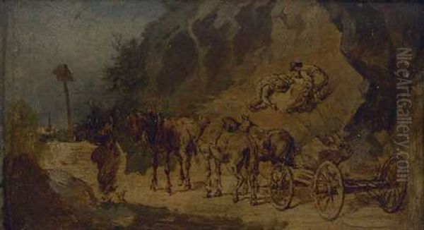 Pferdewagen In Einem Steinbruch (study) Oil Painting by Heinrich Buerkel