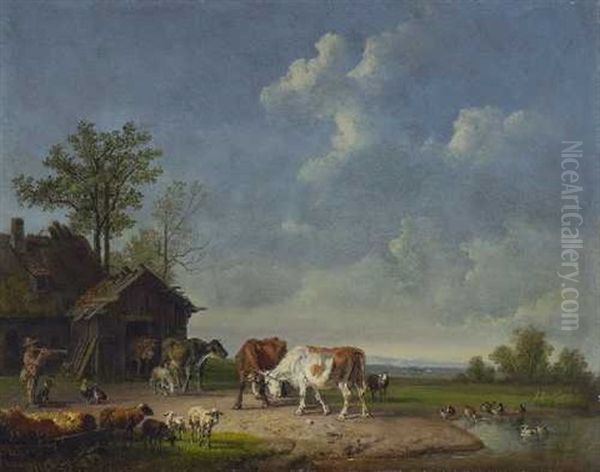 Bauernhof Mit Vieh Oil Painting by Heinrich Buerkel