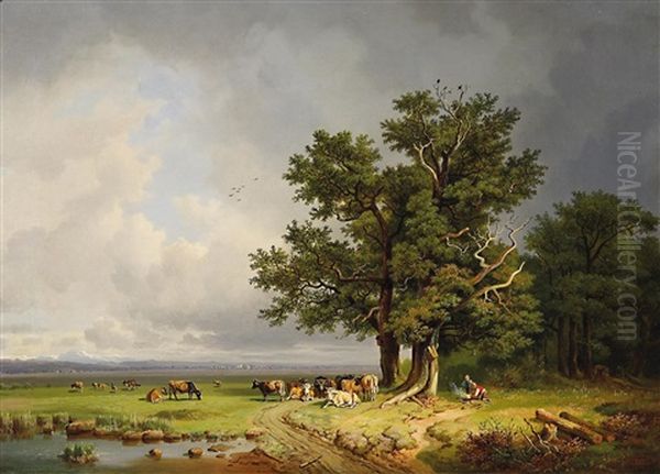 Viehweide Oil Painting by Heinrich Buerkel