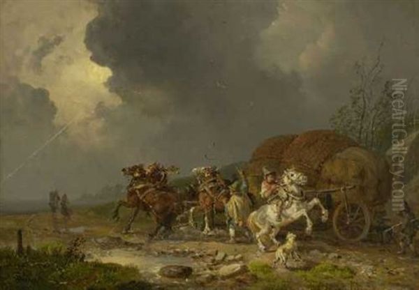 Heuwagen Im Gewitter Oil Painting by Heinrich Buerkel