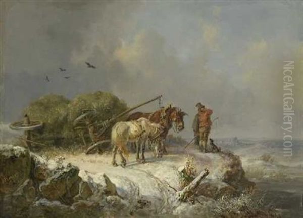 Der Umgesturzte Heuwagen Im Winter Oil Painting by Heinrich Buerkel