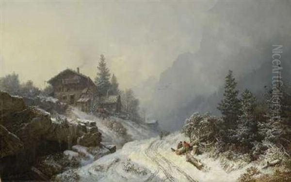 Winterlicher Bauernhof Mit Holzfallern by Heinrich Buerkel