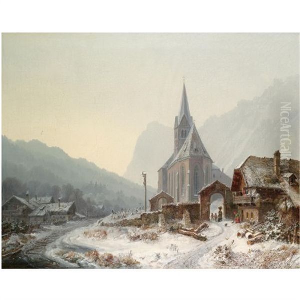 Winterliche Kirche Im Gebirge Oil Painting by Heinrich Buerkel