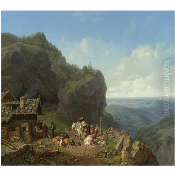 Wirtshaus Auf Der Alm Mit Alpzug Oil Painting by Heinrich Buerkel