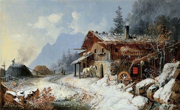 Schmiede Mit Mmilern Im Winter by Heinrich Buerkel