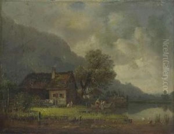 Gebirgssee Mit Fischerhausern Oil Painting by Heinrich Buerkel