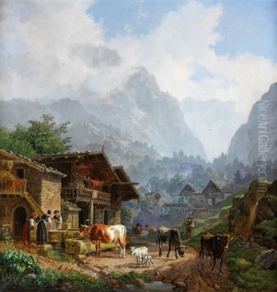 Oberbayerisches Gebirgsdorf Mit Brunnen Oil Painting by Heinrich Buerkel