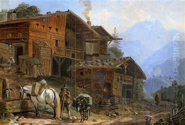 Bauer Mit Lasttieren An Der Tranke Vor Einer Almim Hochgebirge Oil Painting by Heinrich Buerkel