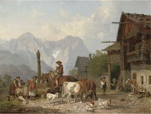 Alpine Village Oil Painting by Heinrich Buerkel