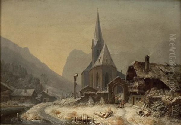 Winterliche Landschaft In Der Ramsau Oil Painting by Heinrich Buerkel