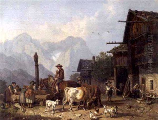 An Alpine Village Scene Oil Painting by Heinrich Buerkel