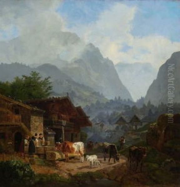 Oberbayerisches Gebirgsdorf Oil Painting by Heinrich Buerkel