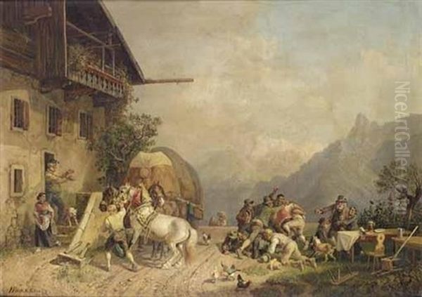 Rauferei Vor Einem Wirtshaus (brawl By An Inn) Oil Painting by Heinrich Buerkel