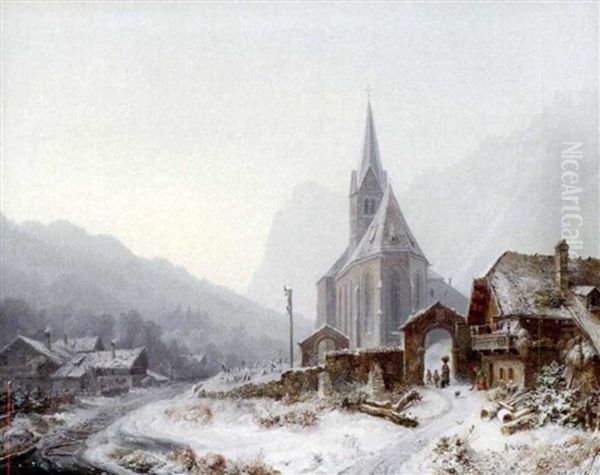 Hochaufragende Kirche In Verschneiter Gebirgslandschaft Oil Painting by Heinrich Buerkel