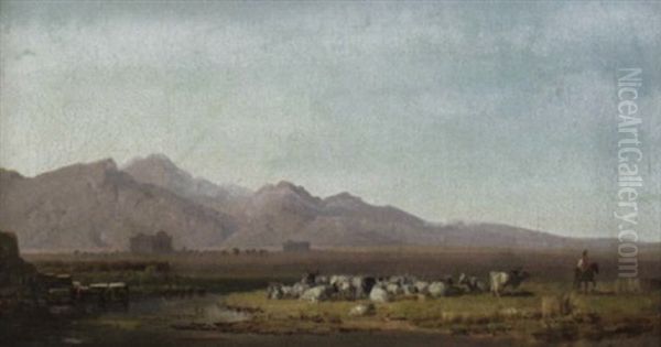 Landschaft In Der Romischen Campagana Mit Einer Lagernden Rinderherde An Einem Gewasser Oil Painting by Heinrich Buerkel