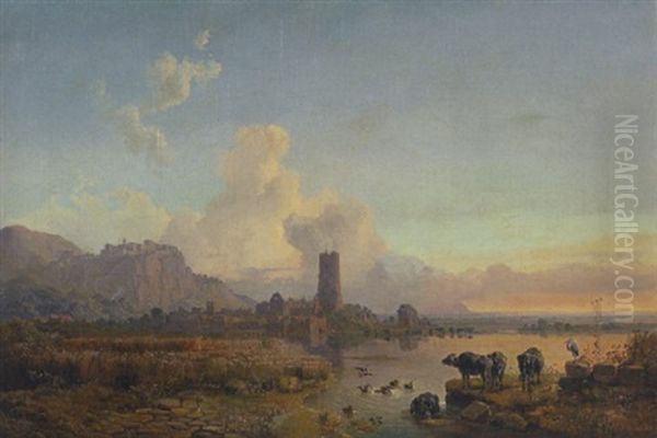 Landschaft In Den Pontinischen Sumpfen Mit Den Ruinen Von Ninfa Und Blick Auf Sezze Oil Painting by Heinrich Buerkel