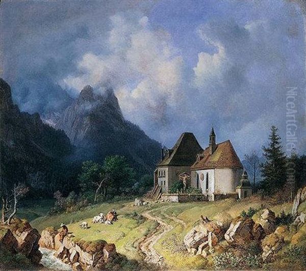 Das Kirchlein Von Hinterriss (the Little Church At Hinterriss) Oil Painting by Heinrich Buerkel