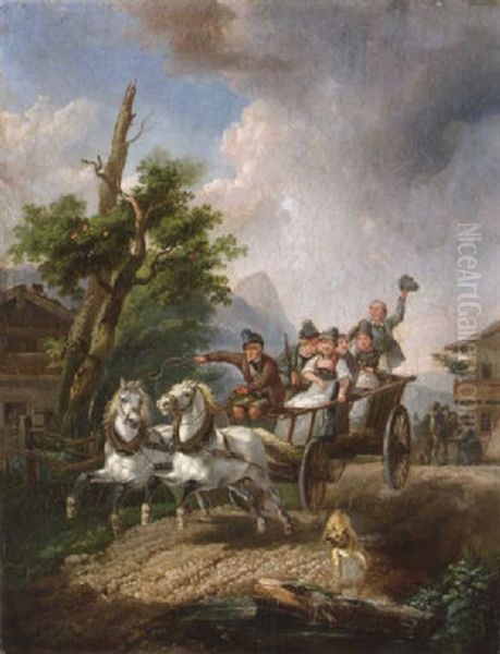 Kutsche Mit Reisenden In Tracht Oil Painting by Heinrich Buerkel