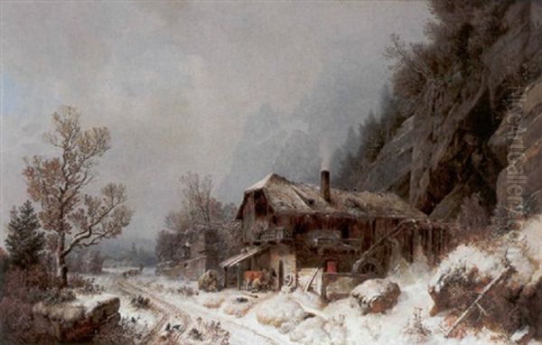 Schmiede Im Winter Oil Painting by Heinrich Buerkel