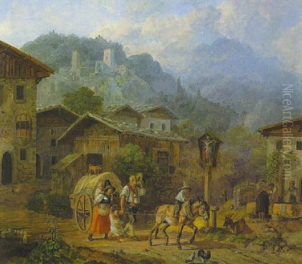 Dorfstrase In Schwaz In Tirol Oil Painting by Heinrich Buerkel