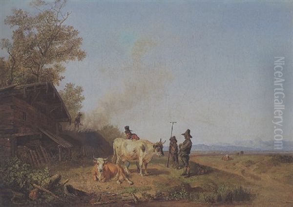 Kuhe Vor Kohlenmeiler Oil Painting by Heinrich Buerkel