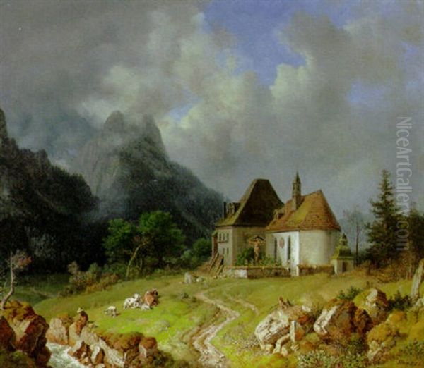 Das Kirchlein Von Hinterriss. Im Hintergrund Das Wettersteingebirge Oil Painting by Heinrich Buerkel