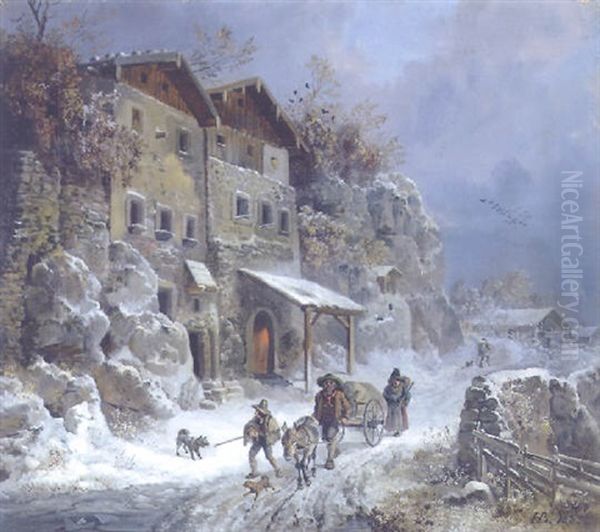 Wanderer Mit Eselskarren In Winterlandschaft Oil Painting by Heinrich Buerkel