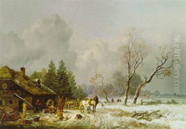 Winterlandschaft Mit Heimkehrenden Jagern Oil Painting by Heinrich Buerkel