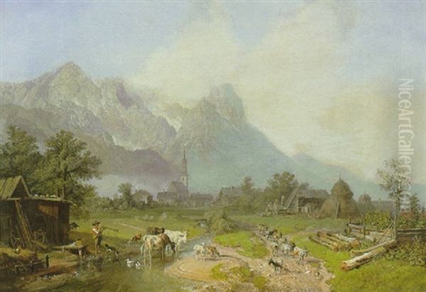 Dorf Mit Kirche - Garmisch Mit Blick Auf Das Wettersteingebirge Oil Painting by Heinrich Buerkel