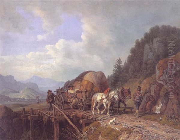 Pferdefuhrwerk Auf Einer Brucke Oil Painting by Heinrich Buerkel