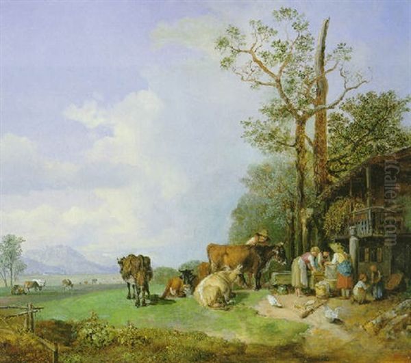 Oberbayerische Landschaft Mit Bauernhaus Und Vieh Oil Painting by Heinrich Buerkel