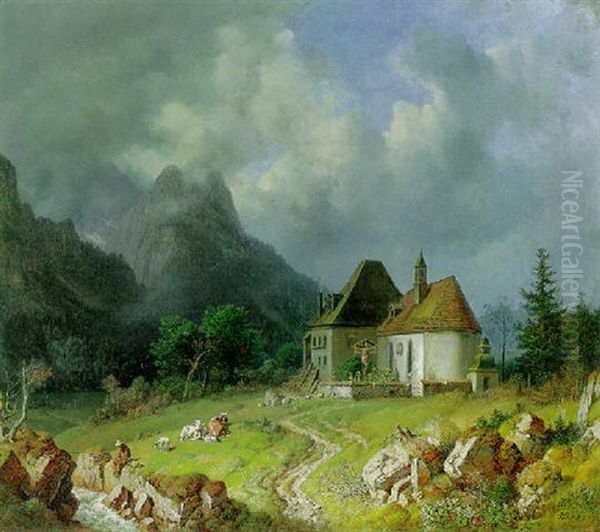 Das Kirchlein Von Hinterriss. Im Hintergrund Das Wettersteingebirge Oil Painting by Heinrich Buerkel