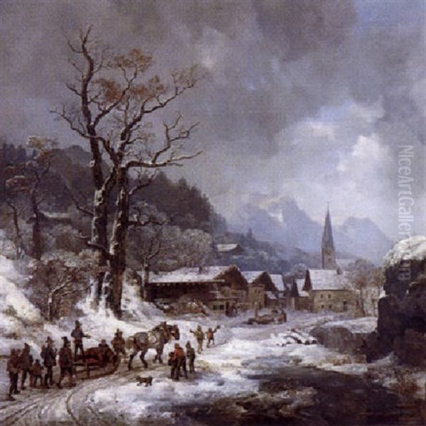 Heimkehr Von Der Barenjagd In Ein Winterliches Dorf Oil Painting by Heinrich Buerkel