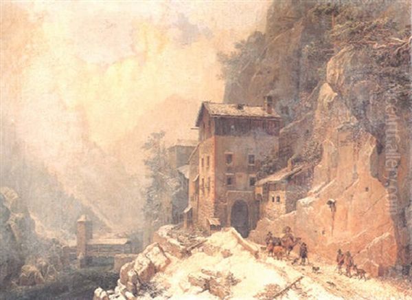 A Travelling Circus On A Mountain Pass, Winter Oil Painting by Heinrich Buerkel