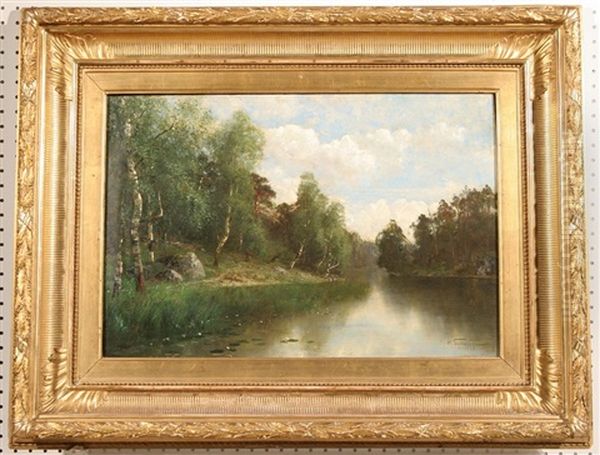 View Of A Forest Lake Oil Painting by Fedor Karlovich Burkhardt